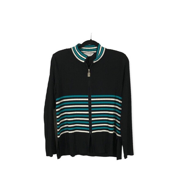 Misook Sweaters - Exclusively Misook Black Striped Knit Zip Up Long Sleeve Women's Medium Sweater